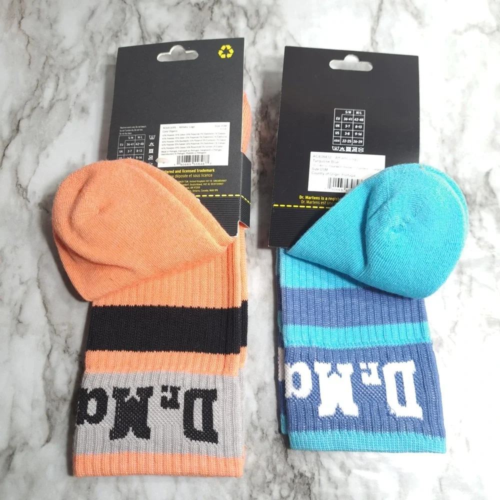 2 Pairs Dr Martens Athletic Logo‎ Socks Size S/M Coral Organic/Turquoise Blue